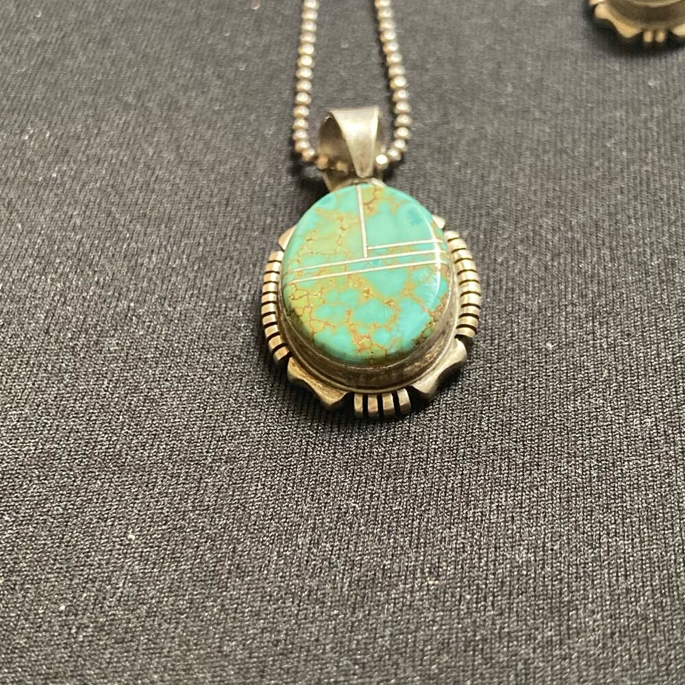 Spider Web Turquoise Sterling Navajo Necklace & Earring Set 925 - Picture 6 of 15